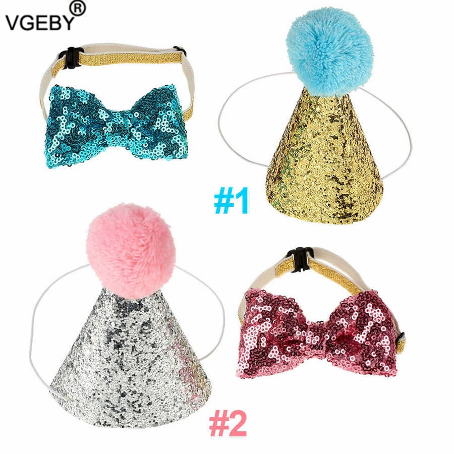 2Pcs/Set Pet Dogs Hats with Bowknot Cat Dog Birthday Costume Sequin Design Headwear Hat Christmas Party Pets Accessories