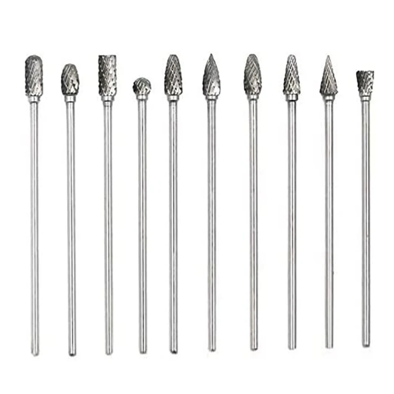 10Pc 6 Inch Long Double Cut Tungsten Solid Carbide Rotary Burrs Set 1/8 Inch(m) Shank Twist Drill Bit for Rotary Tools