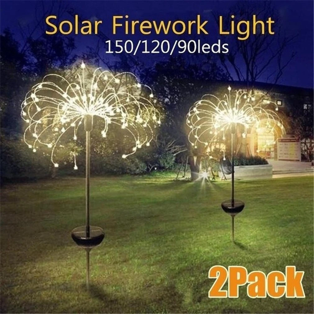 2pcs Solar Powered Outdoor Grass Globe Dandelion Fireworks Lamp 90/120/150 LED  For Garden Lawn Landscape Lamp Holiday Light