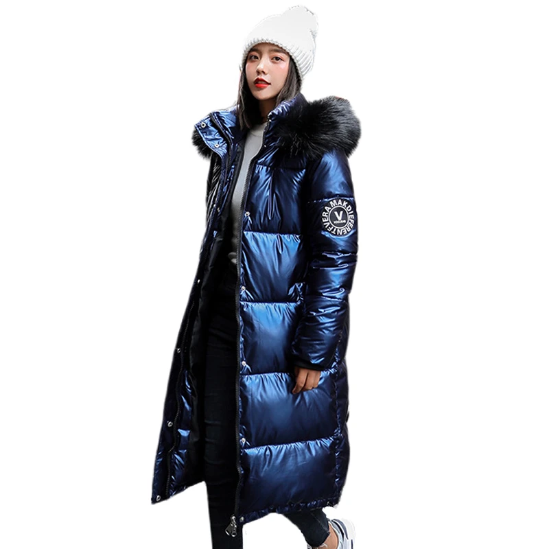 women X-long oversize blue down jackets thick casual with fur epaulet 2021 winter female down coats hooded solid piumini donna