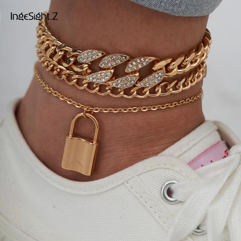 IngeSight.Z 3Pcs/Set Iced Out Rhinestone Crystal Miami Curb Cuban Anklet Padlock Pendant Anklet On Foot Barefoot Sandals Jewelry
