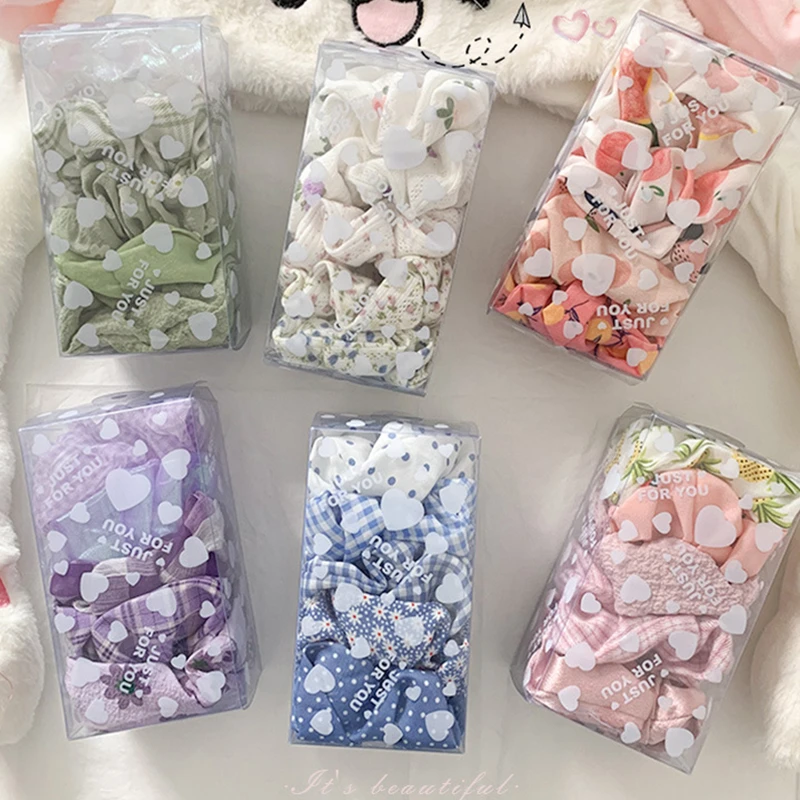 5 Pcs/Pack Women Elastic Hair Bands Cute Hair Ties Gum Print Girls Silky Scrunchie Set Headwear Headband Hair Accessories