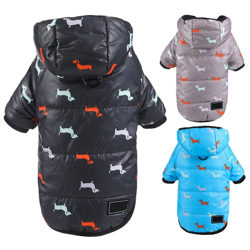 Autumn Winter Clothes For Dogs Dachshund Printed Cotton Down Jacket With Leash Ring Thicken Hoodie For Small Medium Dogs Puppy