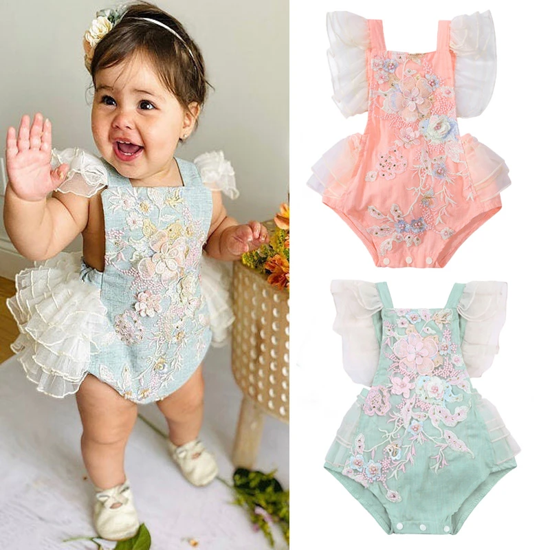 Lovely Princess Newborn Baby Girls Summer Rompers Ruffles Lace Embroidery Pearl Elegant Romper Jumpsuits Cotton Sunsuits Outfits