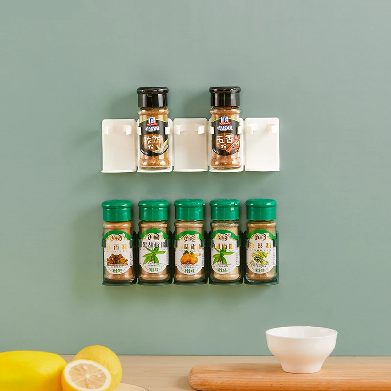 5pcs Super Sticky Kitchen Spice Bottle Storage Rack Wall Mount Ingredient Plastic Rack Cabinet Door Hooks Jar Spice Holder Tools