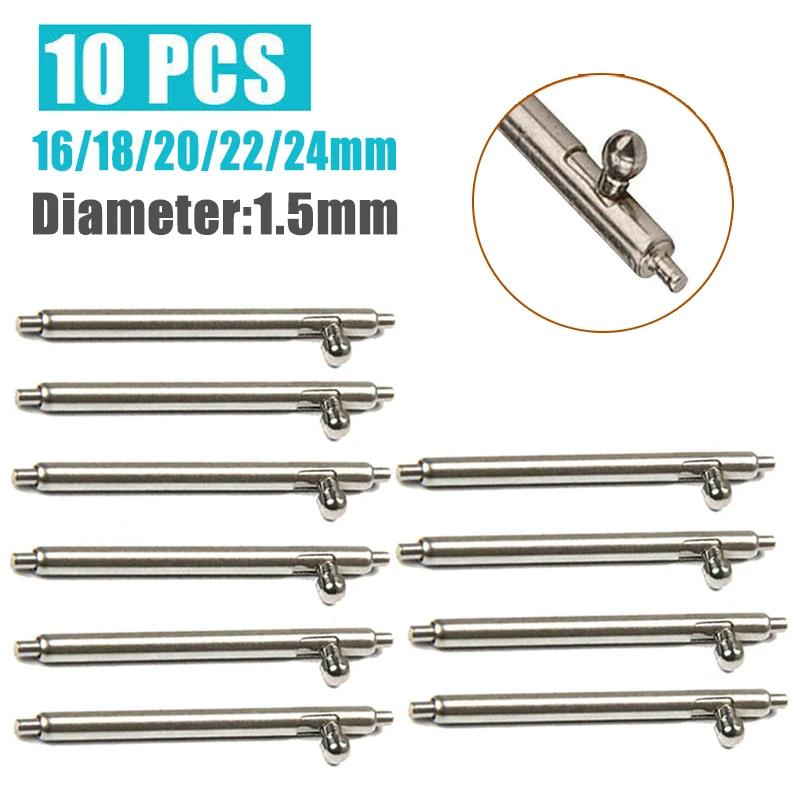 16/18/20/22/24mm Watch Bands Strap Spring Bars Pins 10pcs 1.5mm Quick Release Stainless Steel Spring Bars Watch Repair Tool