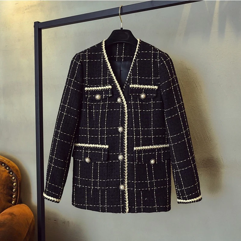 ZAWFL Luxury Designer Brand Wool Blends Coat for Women Fashion Black Vintage V-Neck Plaid Wide Waisted Tweed Coat S-XXL