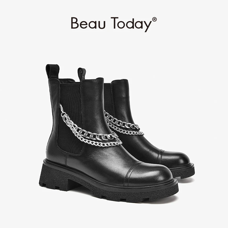 BeauToday Ankle Boots Chelsea Women Genuine Cow Leather Platform Bootie Elastic Band Autumn Winter Ladies Shoes Handmade 04422