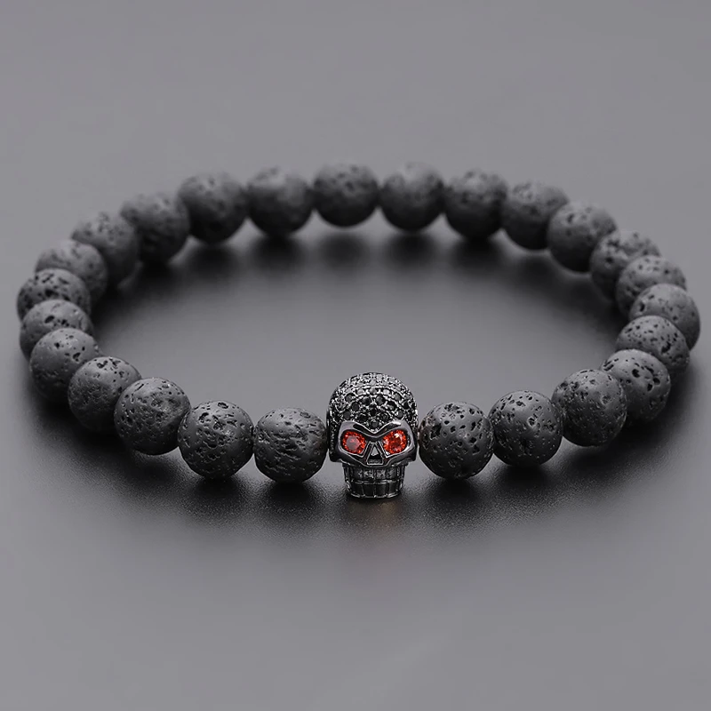 2020 Classic Skull Men Bracelet Pave Cubic Zirconia Vintage 8mm Lava Stone Strand Bracelet For Men Jewelry Gift