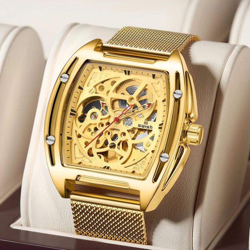 SWISH 2021 Mechanical Watch Men Gold Automatic Watch with Mesh Bracelet Luxury Waterproof Sports Skeleton Tourbillon Wristwatch