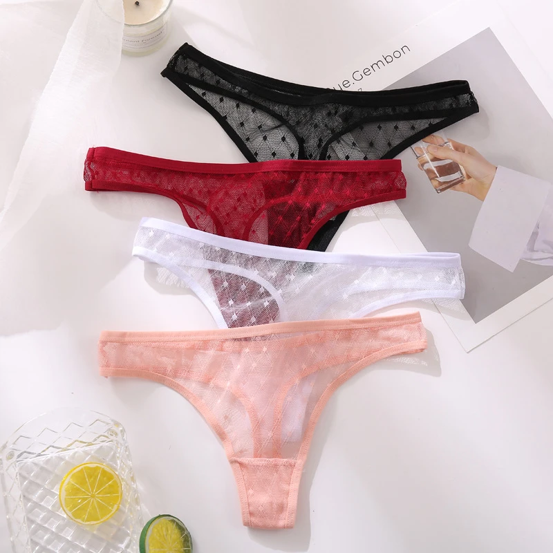 Women Lace Thongs Sexy Transparent G-string Panties Girl Dots Lace T-back Underwear Low-Waist Female Underpants M-XL