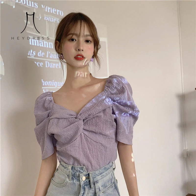Heydress Women 2020 Summer Purple Puff Sleeve Crop Tops Vintage V-neck Bow Design Elegant Shirt Korean Ladies Sexy Short Tops