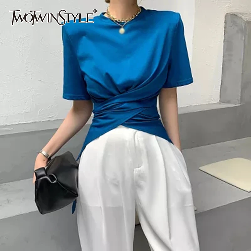 TWOTWINSTYLE Casual Ruched Irregular T Shirt For Women O Neck Short Sleeve Solid T Shirts Females Summer Fashion 2021 Stylish