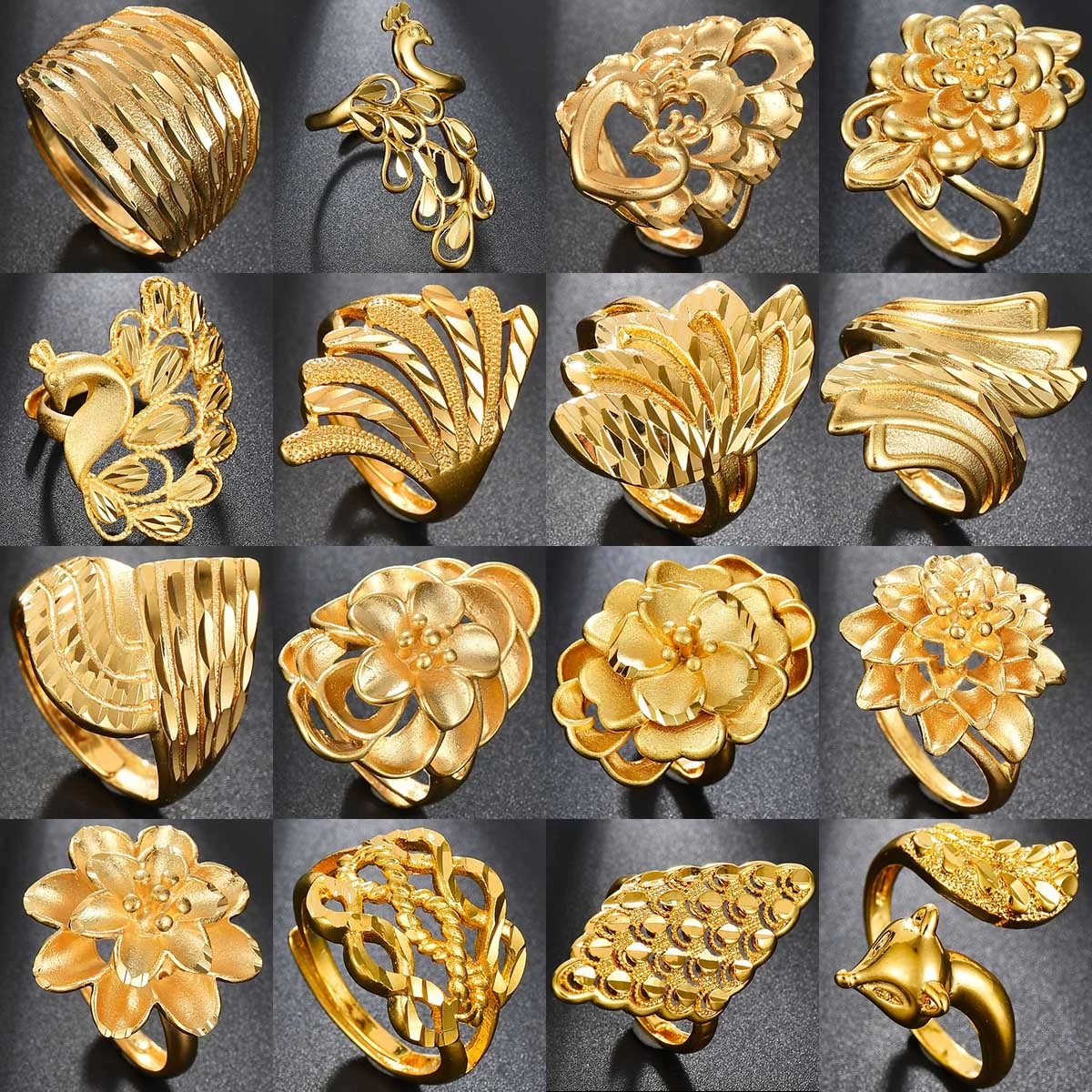 30 Styles Punk Rock Eagle Mens' Ring Luxury Gold Color Resizeable Flowers/Peacock/Leaves Women Ring Never Fade