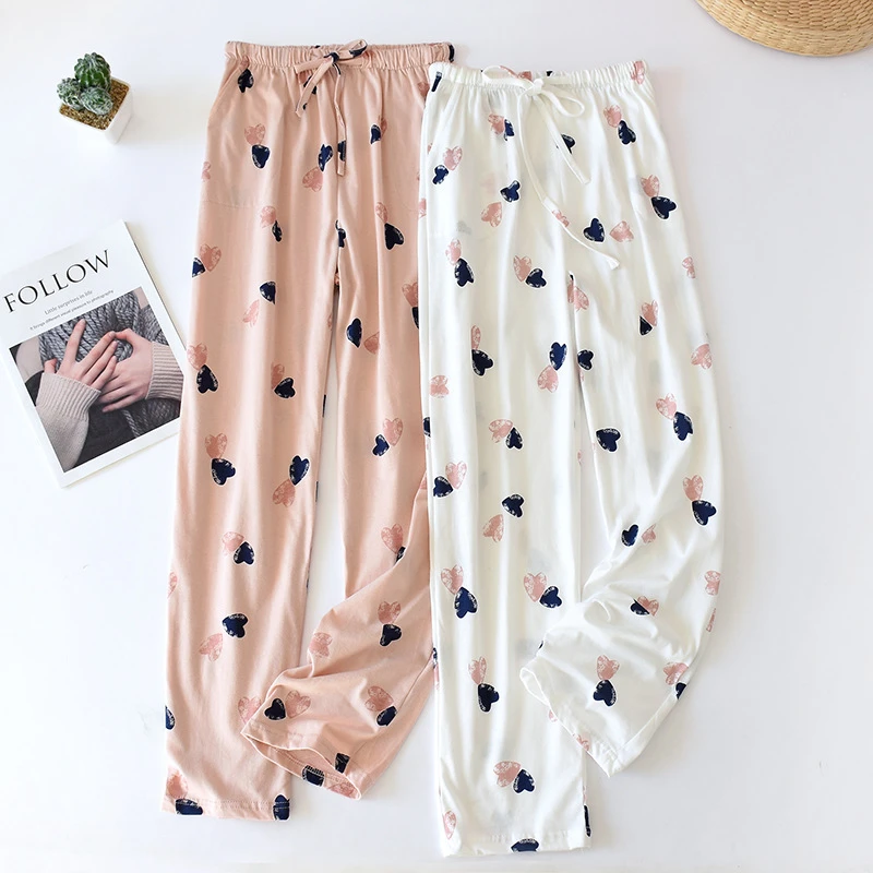 Soft Pajamas Pants Cotton Sleep Bottoms Women Printed Japanese Style Spring Summer Cotton Home Pants Loose Large Size Trousers