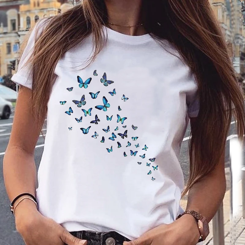 Women Graphic Butterfly Printing 90s Cute Summer Spring Trend Casual Fashion Print Female Clothes Tops Tees Tshirt T-Shirt