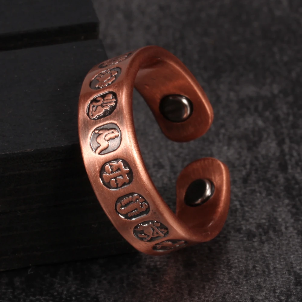 Adjustable Copper Ring Men Vintage 12 Constellation Health Magnetic Rings Arthritis Pure Copper Open Cuff Rings for Men Jewelry