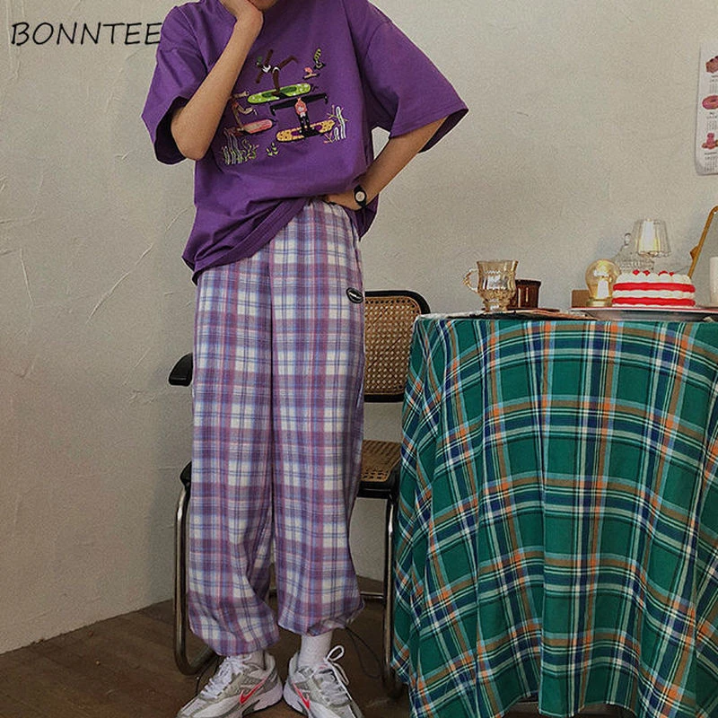 Wide Leg Pants Women Chic Purple Plaid Retro Summer Stylish Harajuku Basic Ins Teens Streetwear Workout All-match Ladies Trouser