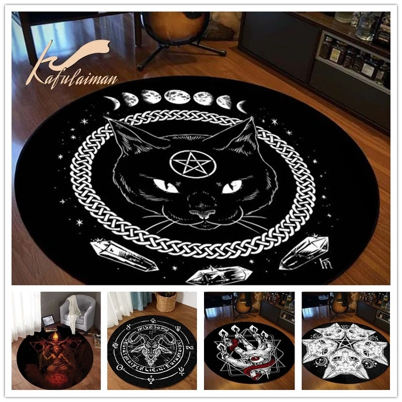 Round Rug Satanic Cat Goat Impaled Throne Area Atheist Carpet Bath Mat Black Mat  Living Room Home Decoration