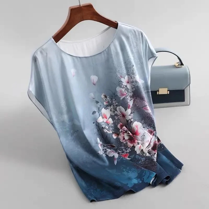 Plus size Batwing sleeve Vintage Print Floral Blouse Ladies Casual Short sleeve Tops Women Silk Satin Blouses