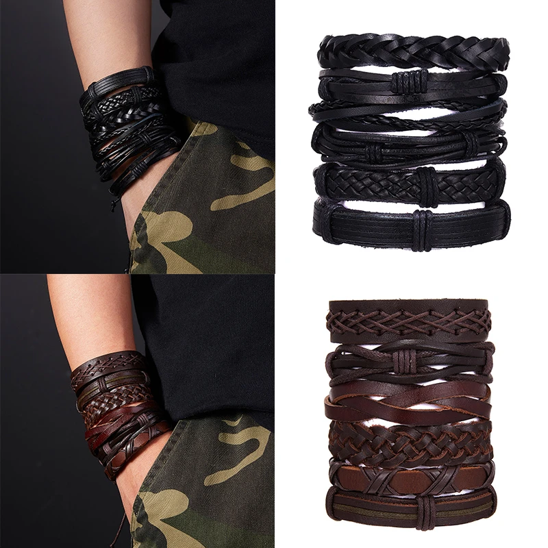 1Set/6PCs Vintage Leather Braided Bracelets For Women Punk Bible Leather Bangle Male Wristband Wrap Men Jewelry 6 Colors