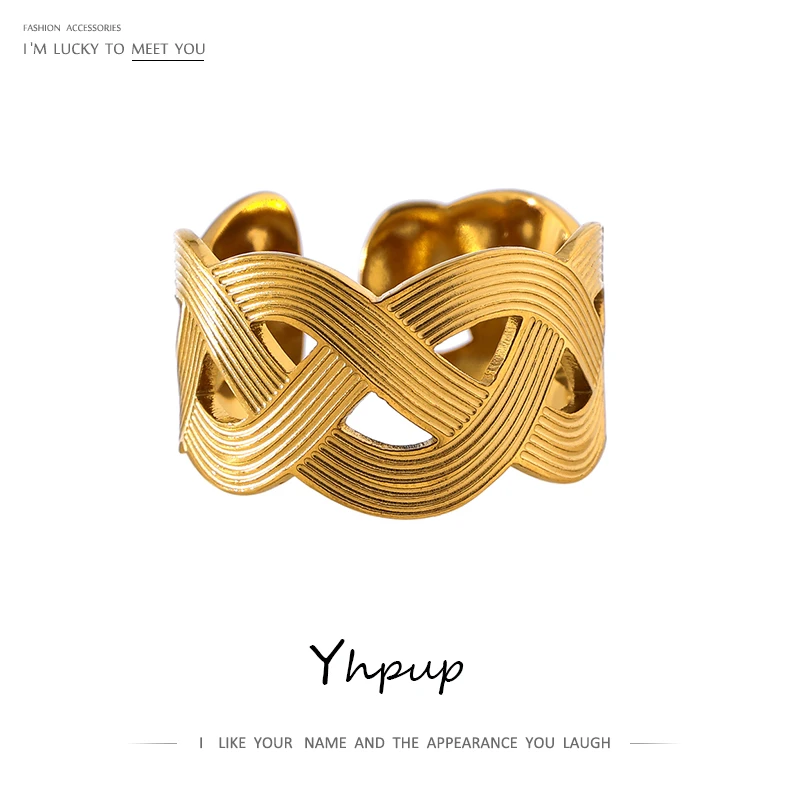 Yhpup Statement Handmade Weave Stainless Steel Ring for Women Fashion Metal Texture Opening Ring Summer Finger Jewelry Gift 2021
