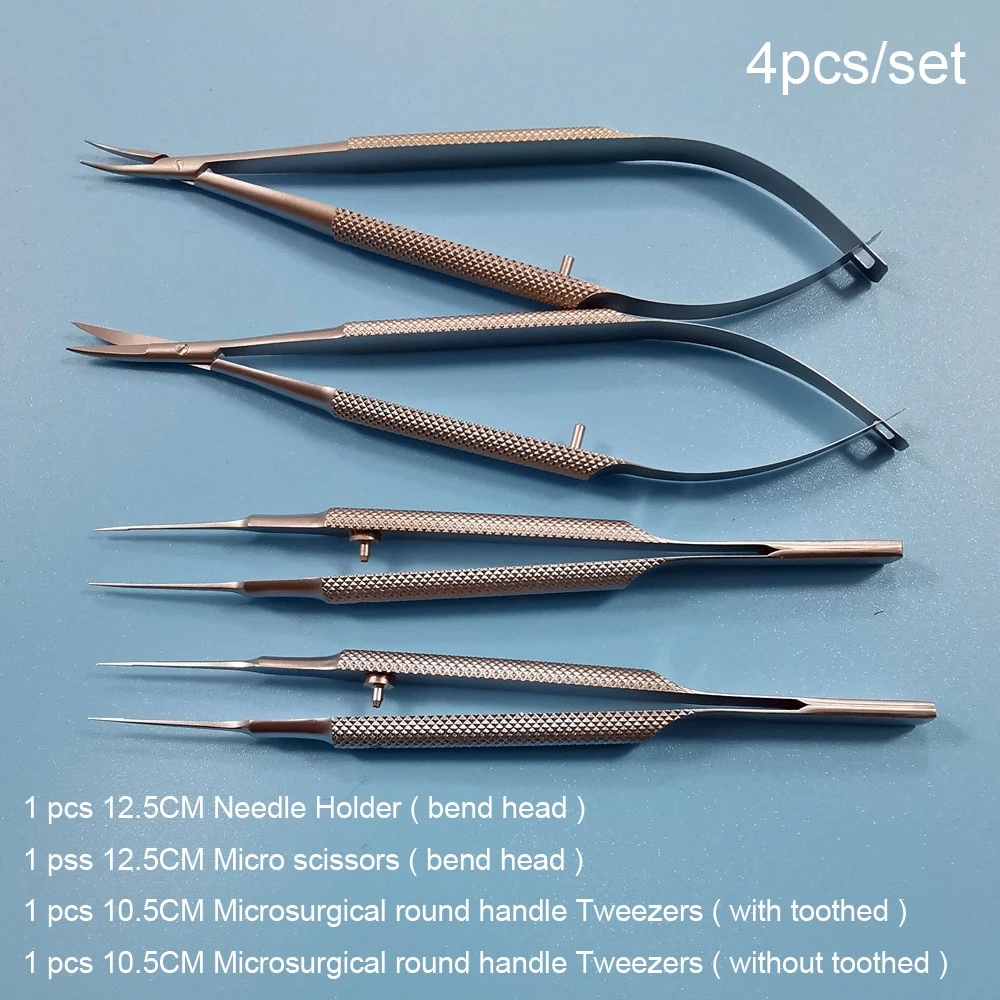 New 4pcs/set ophthalmic microsurgical instruments 12.5cm scissors+Needle holders +tweezers stainless steel surgical tool