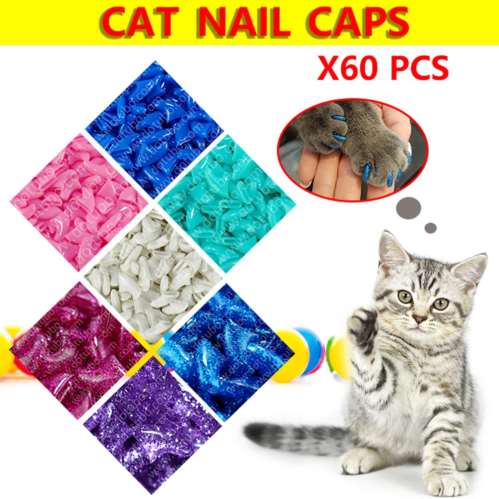 Hot Selling 60pcs Soft Pet Cat Nail Caps Claw Control Paws with Free Glue And Applicator Size XS S M L