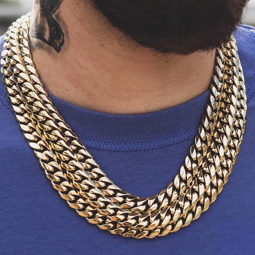 D&Z 6mm-18mm Stainless Steel Miami Cuban in White Gold/Gold Necklace Classical Cuban Link Choker Chain Men's Hip Hop Jewelry