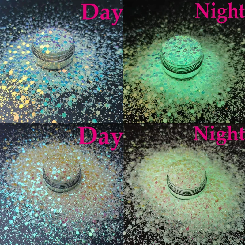 10g/pack Luminous Nail Glitter Chunky Sequins 3D Fluorescent Nail Glitter Flakes Glow In Dark Hexagon Mixed-Size Polish Tips 001