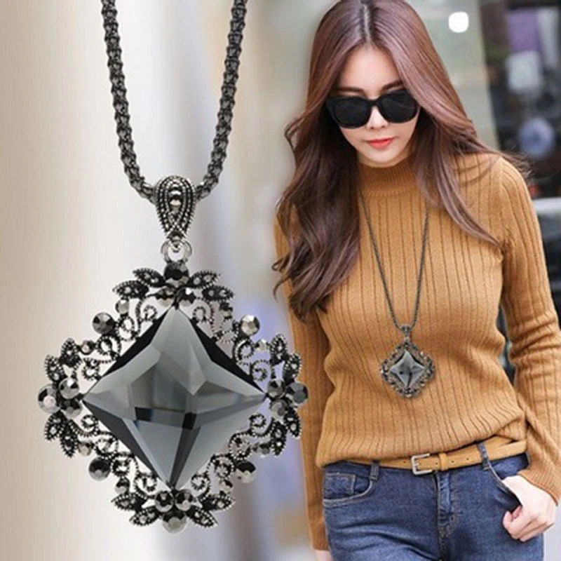 Ajojewel Vintage Dark Blue Grey Champagne Glass Flower Pendant Necklaces Female Sweater Chain