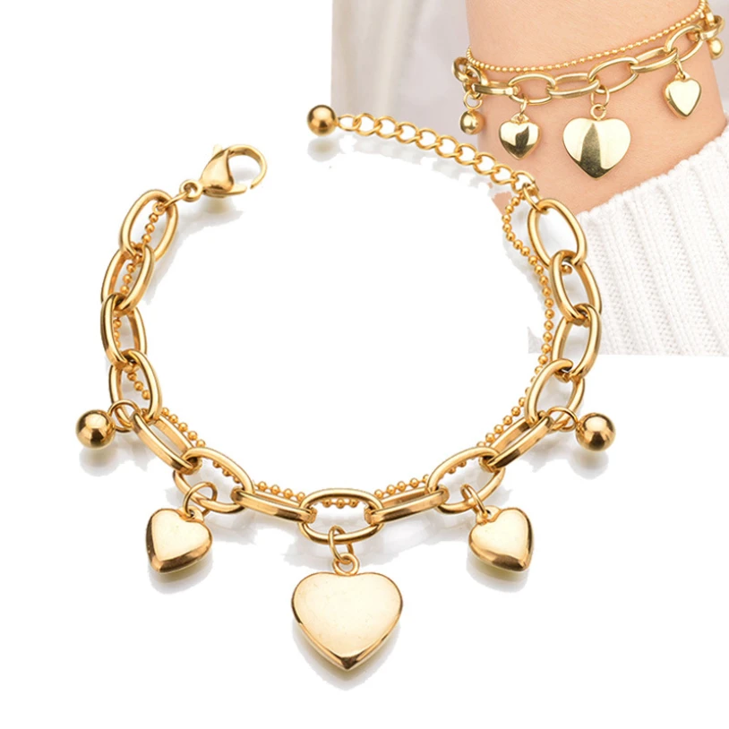 316L Stainless Steel 2021New Fashion Upscale Jewelry 2 Layer Lovers 3 Gradients Love Heart Thick Chain Bracelets For Women