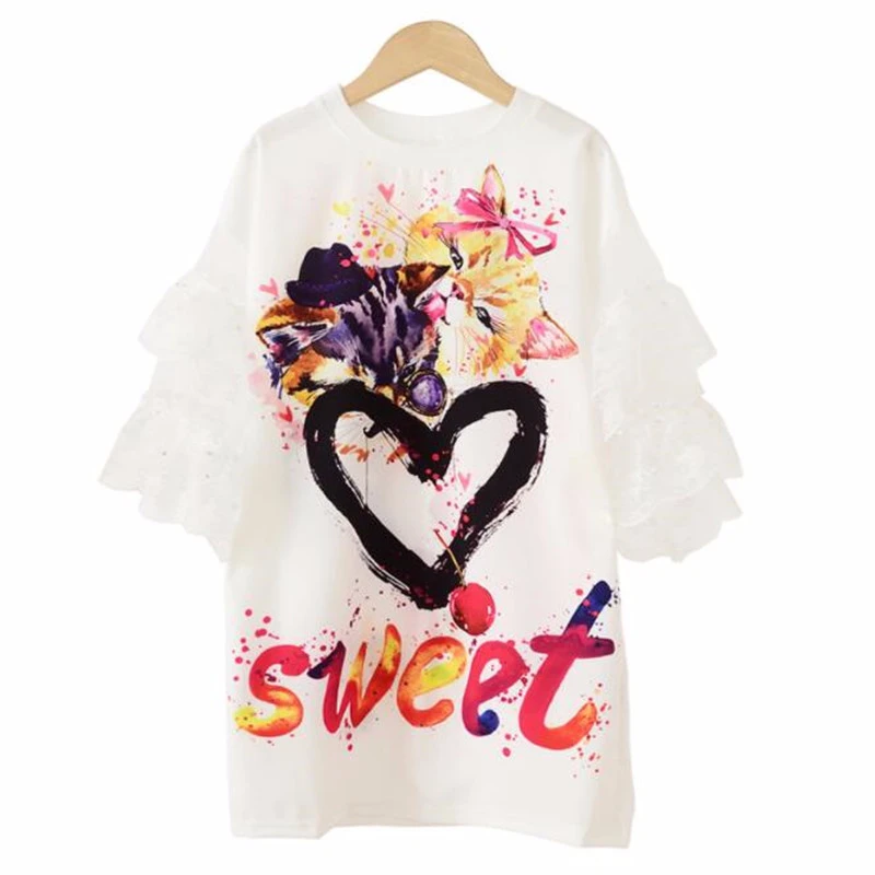 3-18 Years Teens Girls Fun Graffiti Double-sided Digital Printing Yarn Sleeve T-shirt Dress for Children Cute Clothes