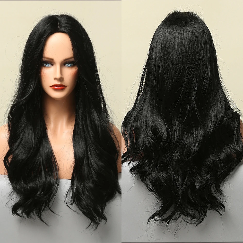 Dark Black Natural Long Wave Synthetic Hair Wigs Middle Part Heat Resistant Wigs for Afro American Women Daily Cosplay Party Use