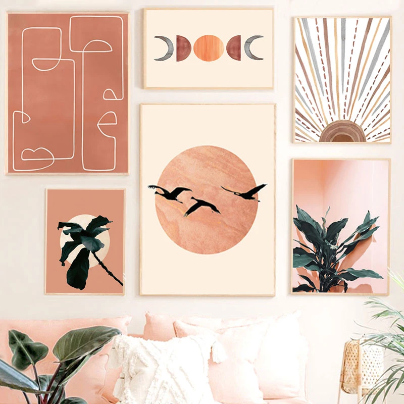 Abstract Sun Face Moon Plant Orange Canvas Art Wall Painting Posters and Prints Nordic Wall Pictures for Living Room Home Decor
