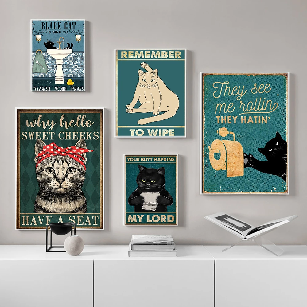 Mental Black Cat Poster Your Butt Napkins My Lord Art Print Vintage Hello Sweet Cheeks Funny Bathroom Canvas Painting Home Decor