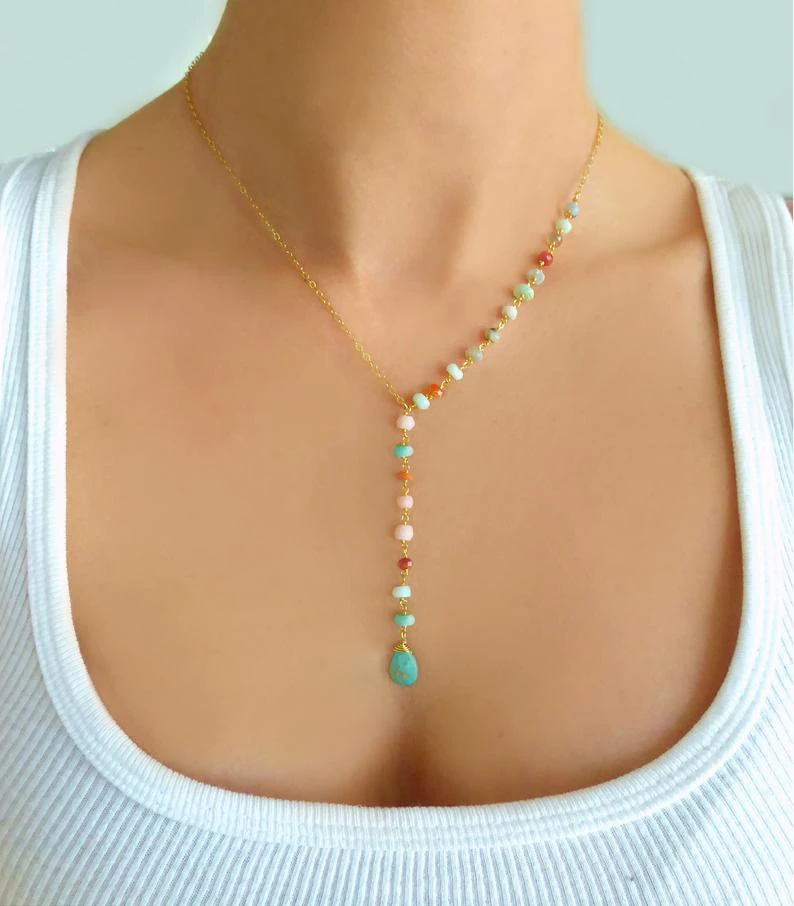 New Blue Stone Pendant Colorful Seed Beads Chain Necklace Women's Elegant Bohemia Necklace Jewelry For Girls Gifts Party