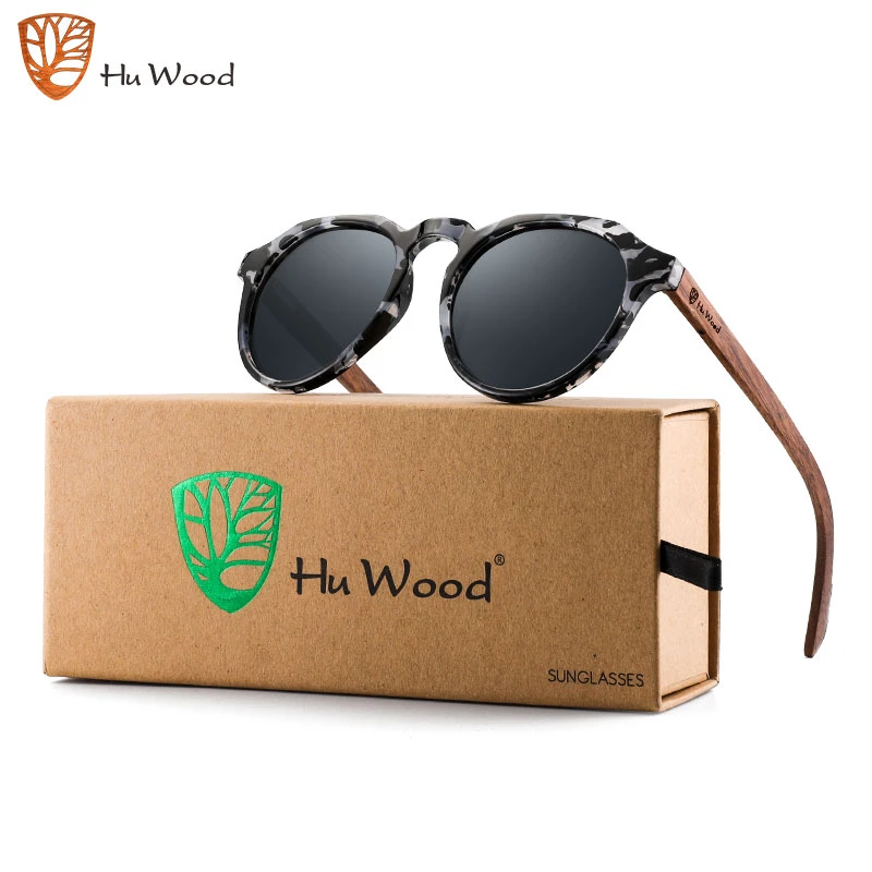 Hu Wood Hand-made women's Polarized Wooden Sunglasses Round Frame UV400 Protection Red Mirror Lens Accessories Packaging GR8048