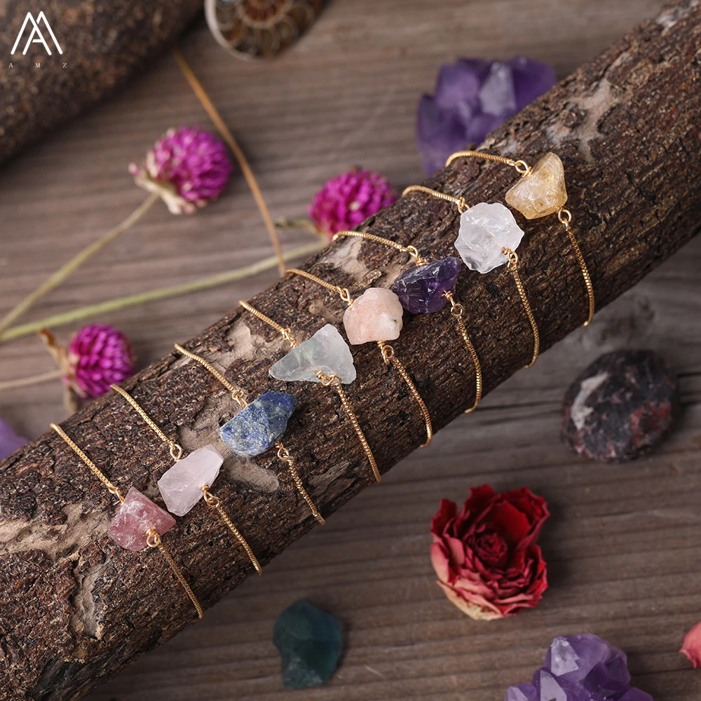 Natural Fluorite Stone White Roses Amethysts Citrines Quartz Chunky Beads Gold Chains Bracelet Adjustable Women Fashion Jewelry