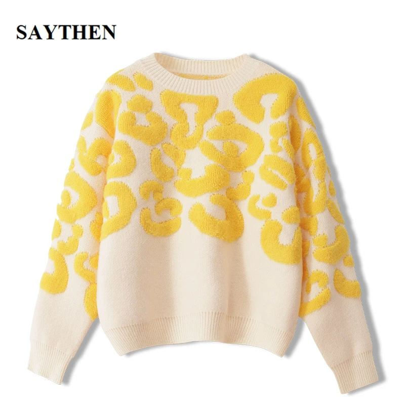 Saythen Runway Luxury Autumn Winter Pullovers Geometric Retro Leopard Knit Sweater New 2021 Sweater Women Brand Jumpers