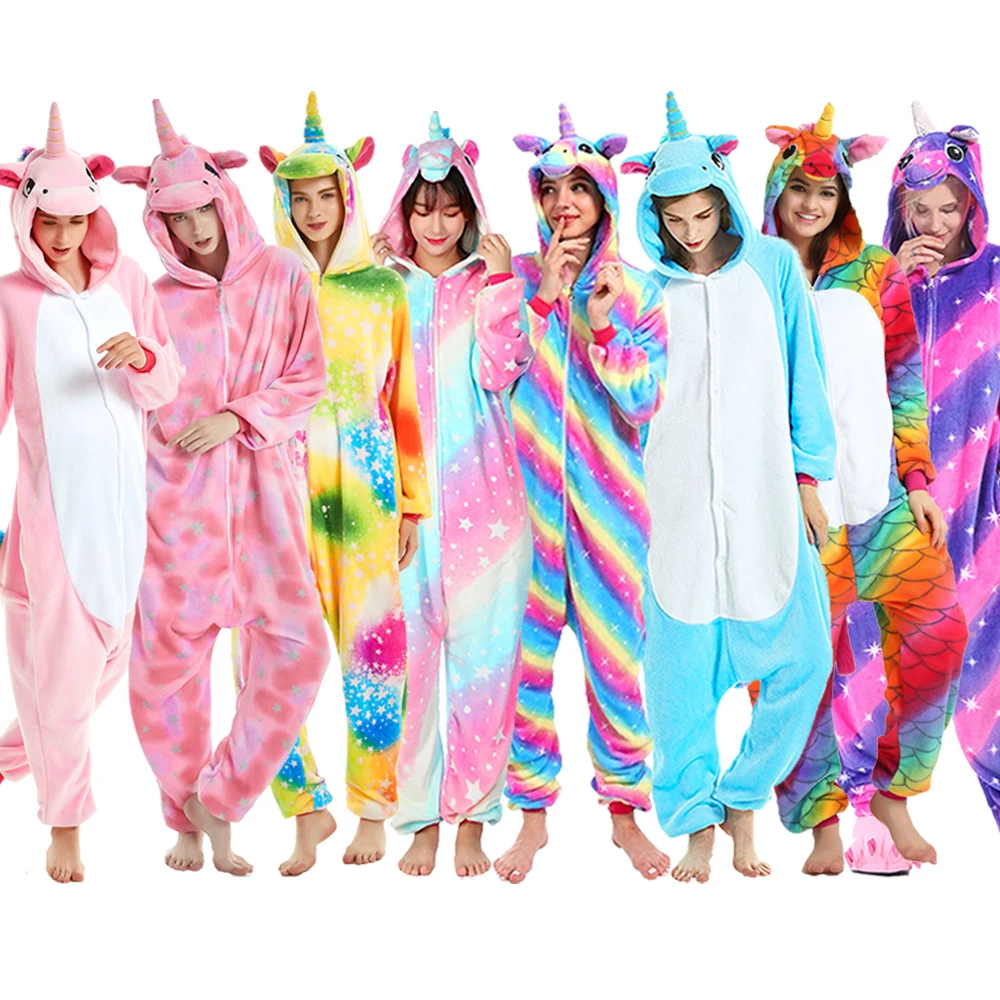 Adults Animal Onesies Unicorn Pajamas Sets Sleepwear Women Men Winter Unisex Unicornio Costumes Kids Cartoon Flannel Pajamas