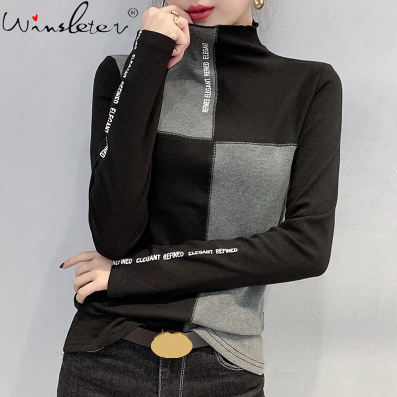 New 2021 Women Spring/Autumn Slim T-Shirt Patchwork Bottoming Long Sleeve Casual Korean Minimalist Triko Top Tees Sanded T07833B