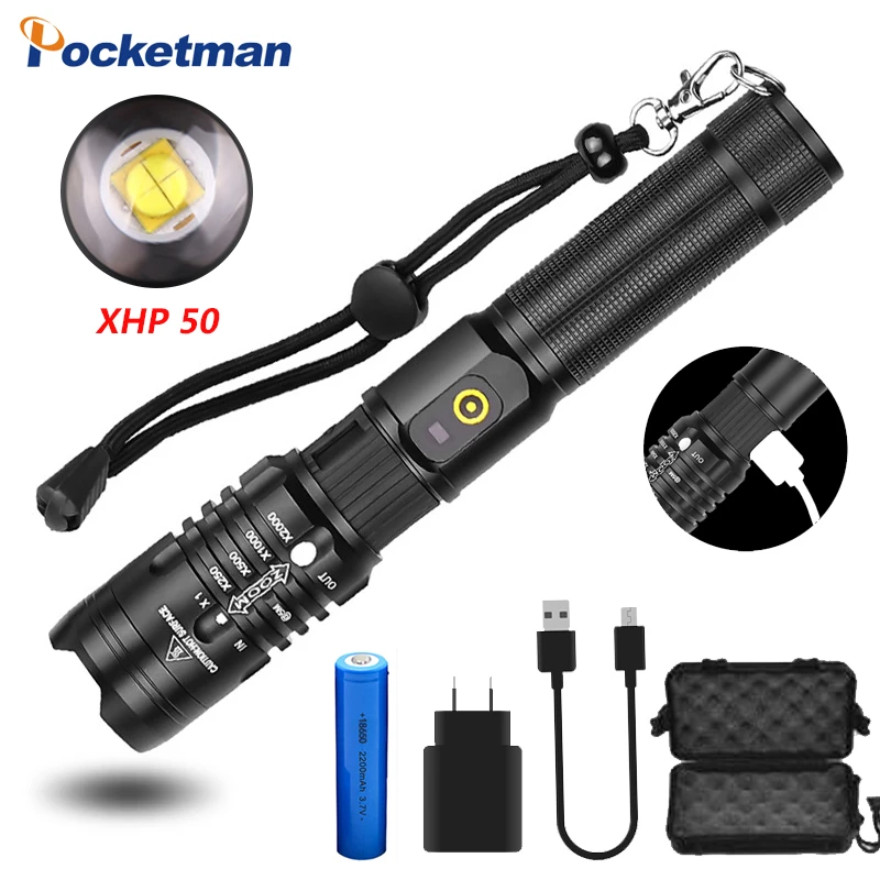 POCKETMAN 60000 lumens flashlight xhp50.2 most powerful flashlight 18650 usb torch  xhp50 lantern 18650 hunting lamp hand light