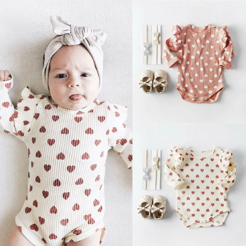 Spring Autumn Baby Clothing Baby Girls Ribbed Clothes Girl Ruffle Hearts Jumpsuit Newborn Fly Long Sleeve Bodysuit Kids Outfit