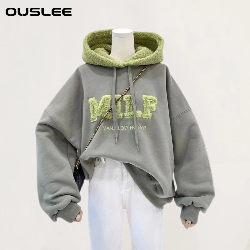 OUSLEE Fashion Patchwork Oversize Sweatshirt Women Winter Casual Loose Cotton Thick Letter Long Sleeve Hoodies Female Streetwear
