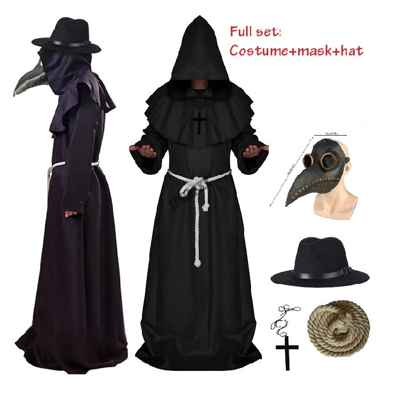 Halloween Medieval Hooded Robe plague doctor costume mask hat for men Monk Cosplay Steampunk Priest horror Wizard Cloak Cape