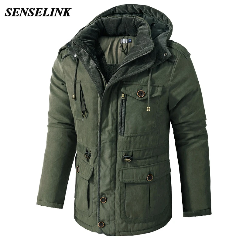 2021 New Winter Warm Wool Lamb Jacket Men Thick Hooded Windproof Parka Coat Solid Color Plus Size Multi Pocket Men Jacket S-2Xl