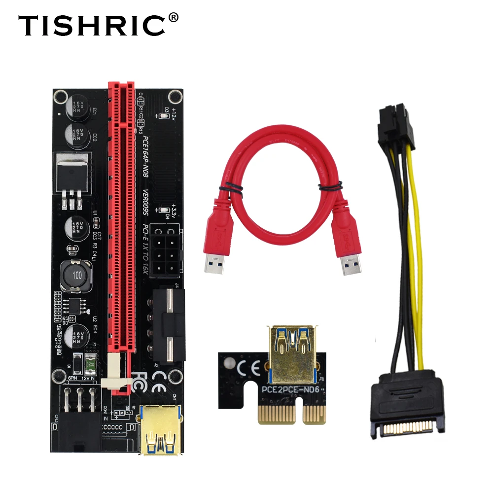 10Pcs TISHRIC VER009s PCIE Riser 009S Extender Adapter USB 3.0 SATA 15Pin to 6pin Cabo Riser Video Card For BTC Mining Miner