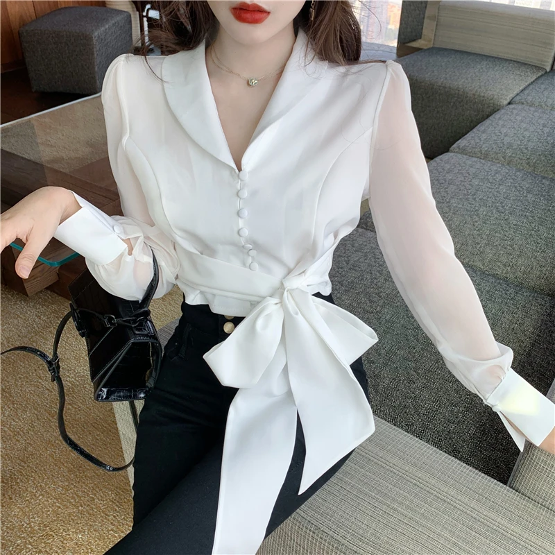 fashion woman blusas mujer elegantes 2021 summer white bow Long sleeve Women's shirt Top blouses and shirts women tops Plus size