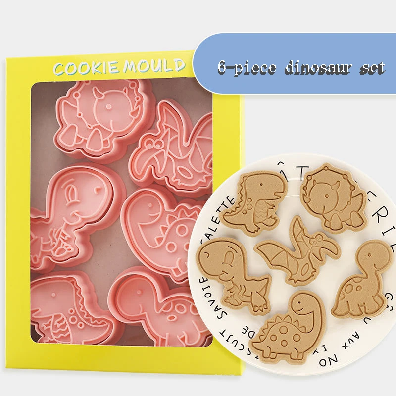 6Pcs/set Dinosaur Shape Cookie Cutters Plastic 3D Cartoon Pressable Biscuit Mold Cookie Stamp Kitchen Baking Pastry Bakeware